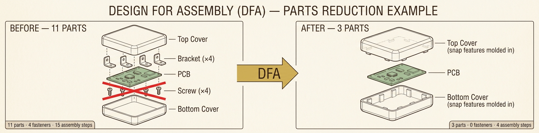 DFA before/after example — an electronics enclosure goes from 11 parts (top cover, 4 brackets, PCB, 4 screws, bottom cover) to 3 parts (top cover with snap features molded in, PCB, bottom cover with snap features molded in). 4 fasteners and 11 assembly steps eliminated.